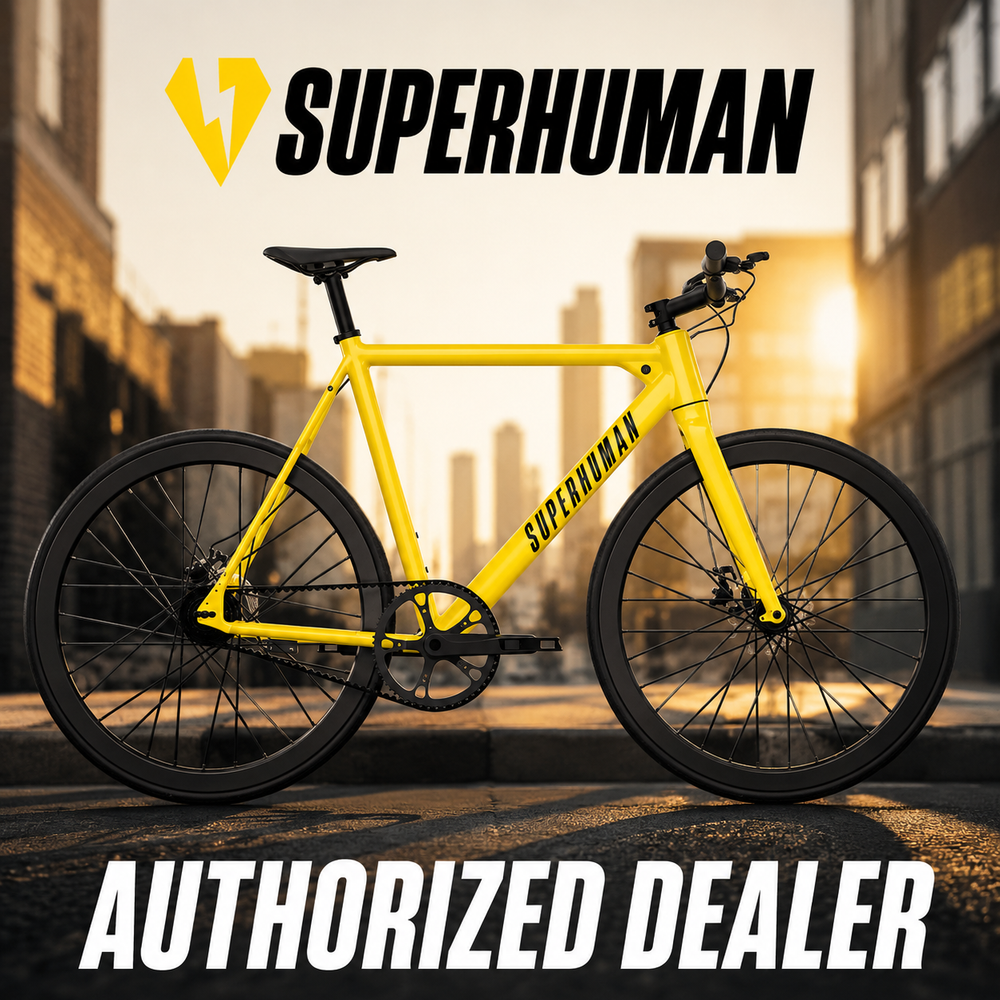 A row of Superhuman eBikes displayed in a store, ready for customers to test ride and purchase.