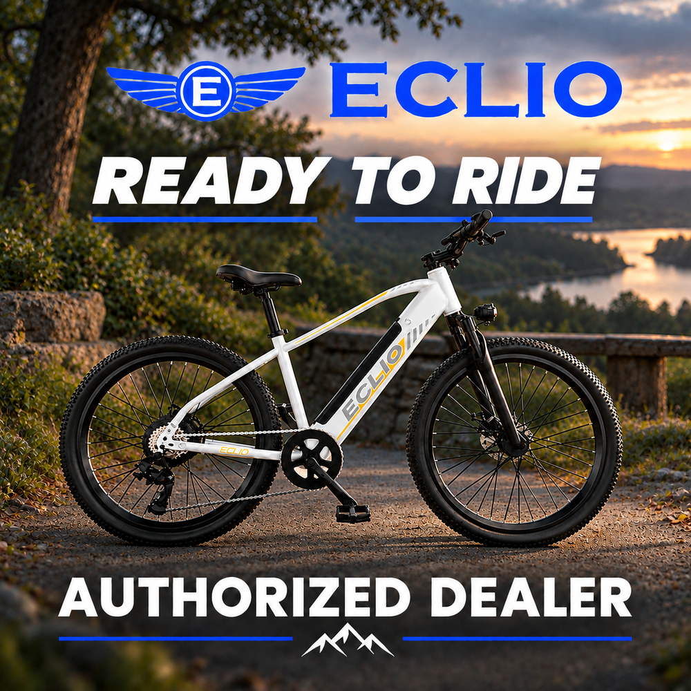 A row of Eclio eBikes displayed in-store, fully assembled and ready for customers to ride.