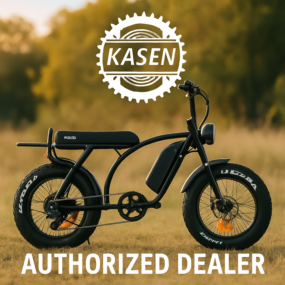 A row of Kasen eBikes displayed in-store, fully assembled and ready for customers to ride.