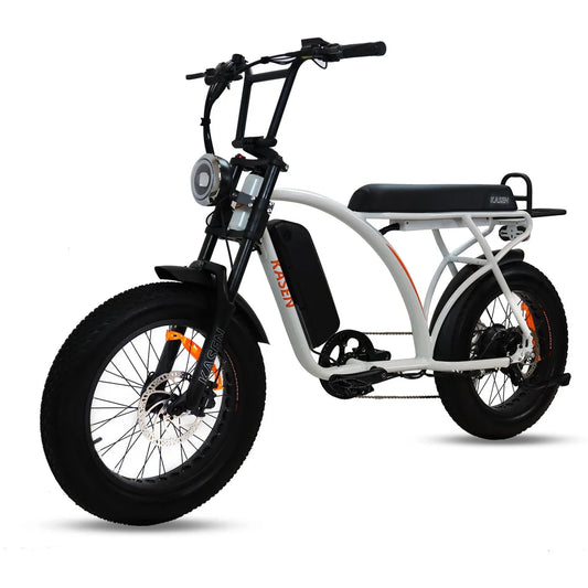 White Kasen Kabbit Classic eBike side view, showcasing step-through frame, black saddle, and rear cargo rack.