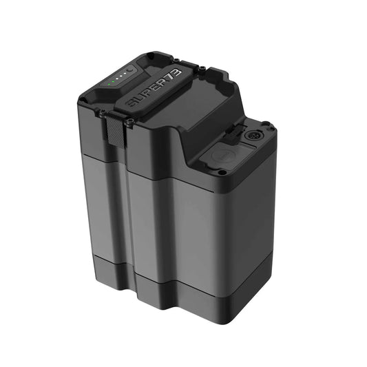 Super73 MZFT eBike battery, black rectangular battery pack with connector ports, designed for electric bicycles, displayed on a white background.