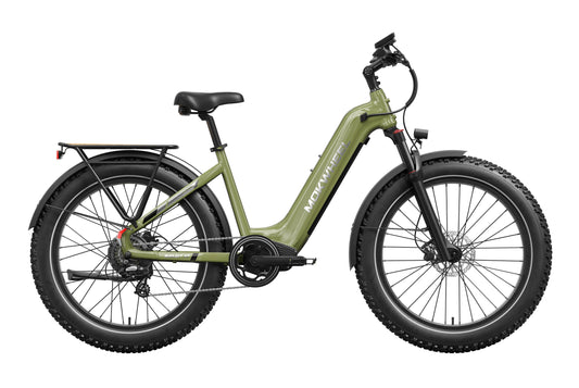 Mokwheel Basalt 2.0 Step Thru in Olive Green, side view, in store and ready to ride at eBike Super Shop San Diego