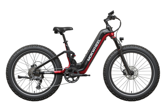 Mokwheel Obsidian 2.0 Step Thru in Black and Red, side view, in store and ready to ride at eBike Super Shop San Diego