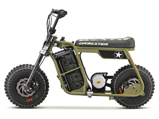 eMOTO EBOX Dragster electric bike in khaki color, side view, displayed on a white background