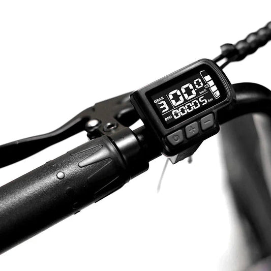 A black eMOTO eBike Strike Big Boy electric bicycle with thick tires, sturdy frame, and front suspension, displayed on a white background.