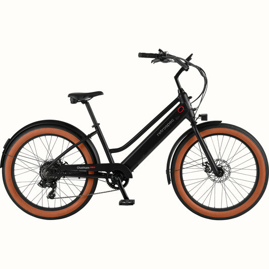 Matte black Retrospec Chatham Rev Plus 2 step-through eBike, side view, against a plain background