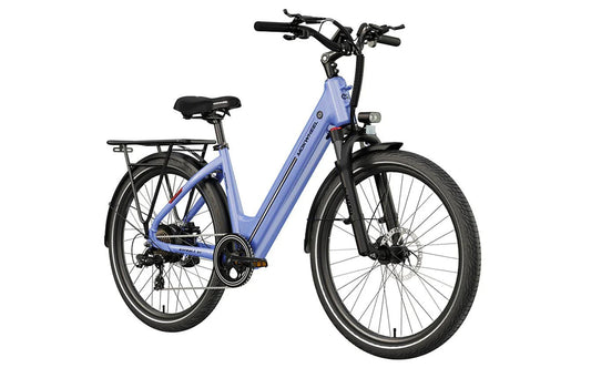White MOKWHEEL Asphalt ST 500W step-thru urban electric beach cruiser eBike with 27.5x2.4 tires, side view on plain background