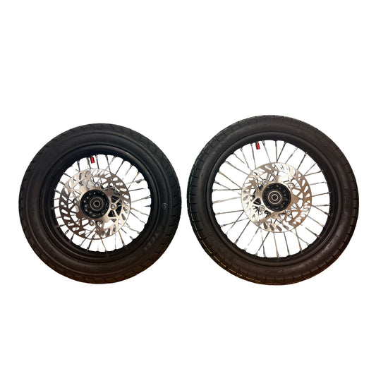 eMOTO wheel set for Tuttio Soleil 01 featuring CST Super Moto tires, product image showing both wheels with mounted tires.