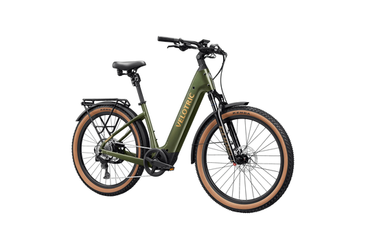 Velotric Discover M eBike in Olivine Green, regular size, shown in its box with packaging, product image.