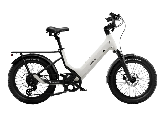 Urtopia Carbon Joy eBike in Creme color, side view, showcasing lightweight carbon frame and modern design