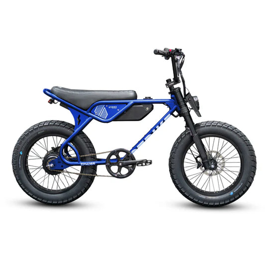 Blue eBike Strike Spyder electric bicycle, side view, on a white background
