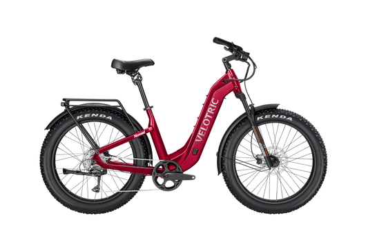 Velotric Nomad 2 eBike in cranberry color, step-thru frame, regular large size, side view