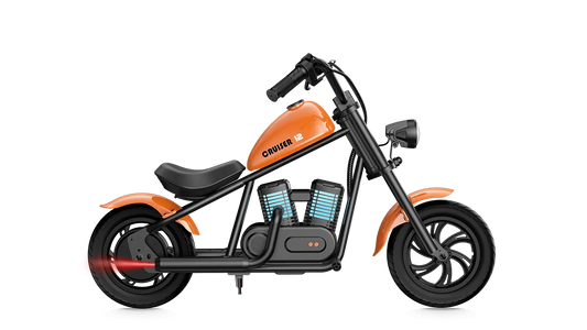 eMOTO Hyper Gogo Cruiser 12 Plus electric bike in orange, shown with and without training wheels, product image, model number 874216