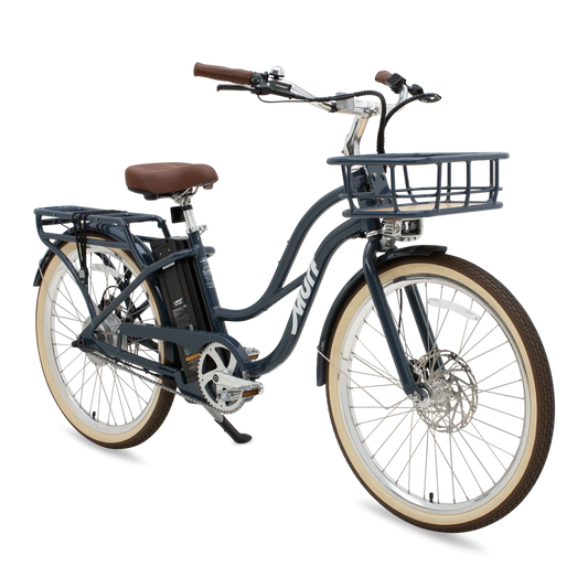 Side view of the eBike Murf Gigi 2.0 in a neutral setting, showcasing its step-through frame, wide tires, and modern design.