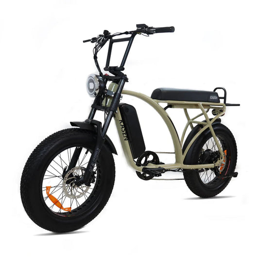 eBike Kasen Kabbit Classic in sand color, shown in a box with 17.5AH and 14.5AH battery options, black model