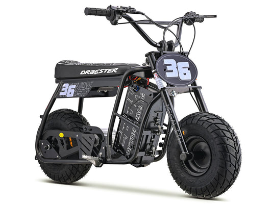 Black eMOTO Stomp Ebox Dragster Micro Electric Pit Bike with SM Wheels, product image, model 936924