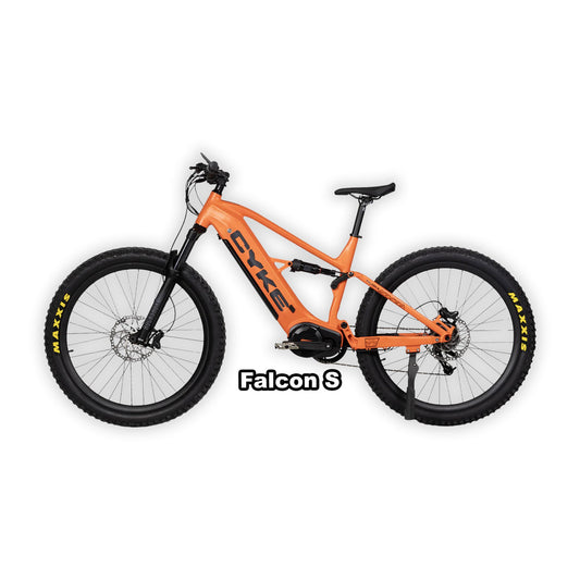 eBike Cyke Falcon S in orange color, shown inside its box with packaging, product image labeled "In Box Orange 1"