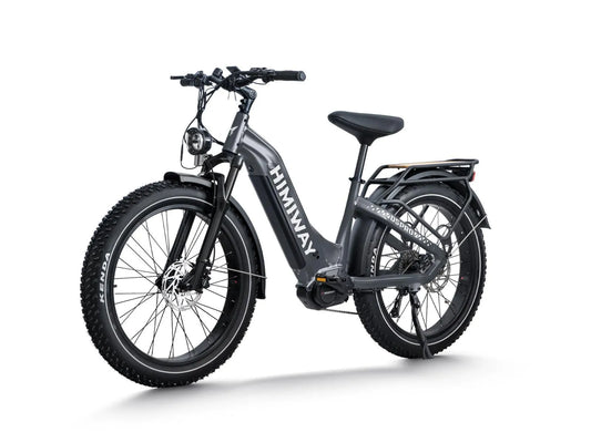 Side view of the Himiway D5 Pro Step Thru eBike in space grey, showcasing its step-through frame, battery, and wheels against a plain background.