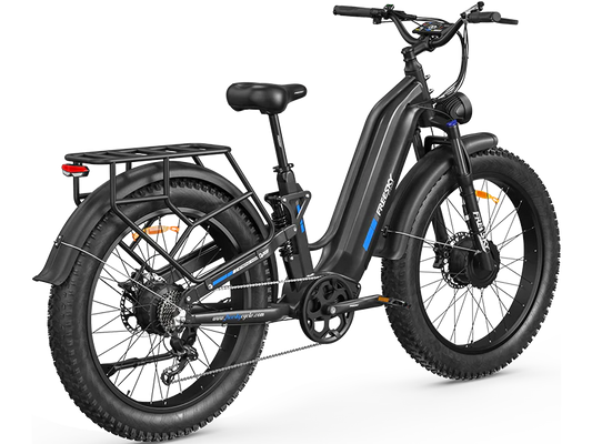 Side view of the Freesky Ranger Air M-540 electric bike in black, showing its frame, battery, wheels, and suspension fork against a white background.