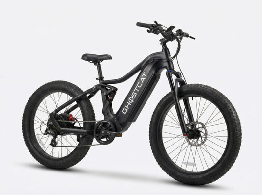 A black Ghostcat Saber S1 eBike parked on a city street, showcasing its sleek frame, thick tires, and modern design.