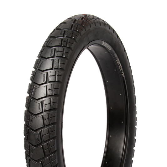 Close-up view of a 20x4 inch Huntsman eBike tire showing tread pattern and sidewall details.