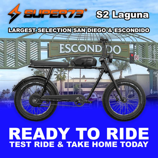 Side view of a black Super73 S2 Laguna eMOTO eBike, fully assembled and ready to ride, against a plain background.