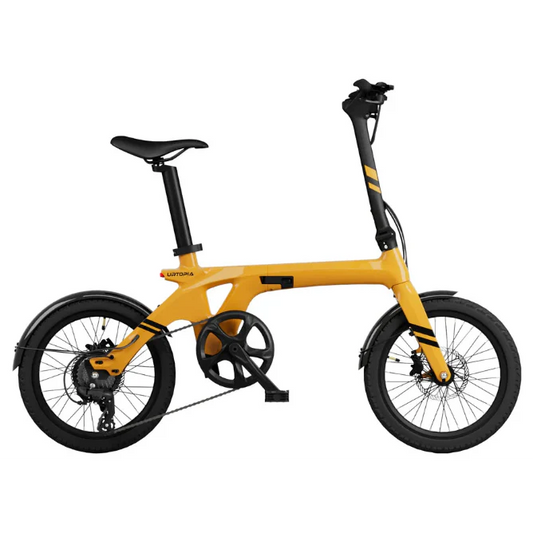 Urtopia Carbon Fold 1 eBike in saffron yellow, side view, folded position