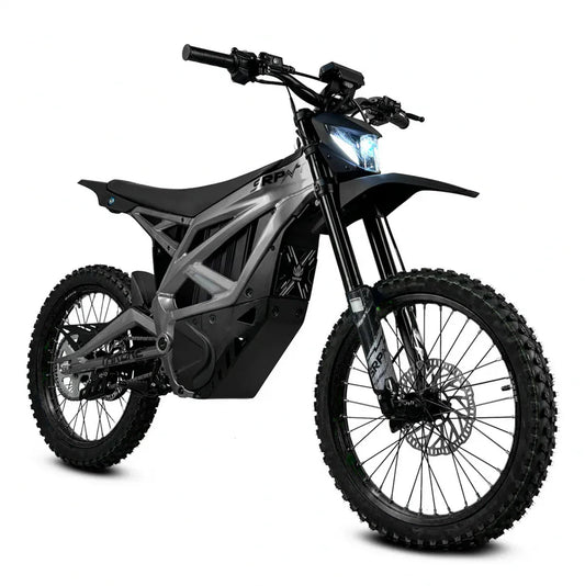 eMOTO Strike SRPNT X3 electric motorcycle in Graphite Gray, side view, studio background