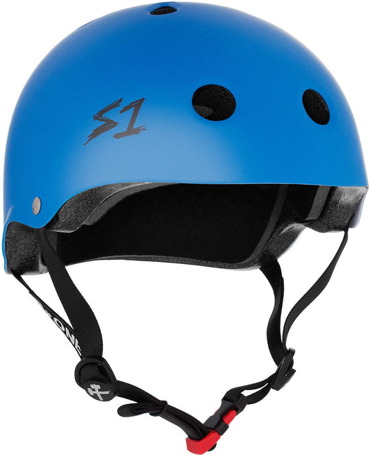 Cyan S1 Mini Lifer eBike helmet in large size, side view, with black adjustable straps and S1 logo on the side.