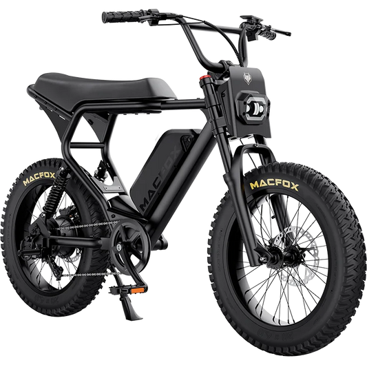 Side view of the Macfox X2 eBike with a single battery, shown without fenders, highlighting its rugged frame and off-road tires.