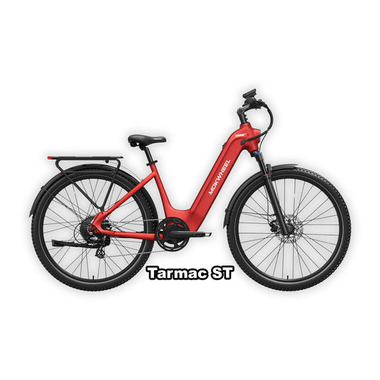 Crimson red Mokwheel Tarmac ST eBike in its box, product image showing the bike packaged for delivery.