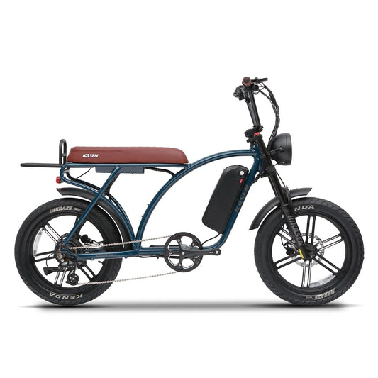 Blue Kasen Kabbit Plus eBike, ready to ride, shown in side view with options for 14.5AH and 17.5AH battery sizes.