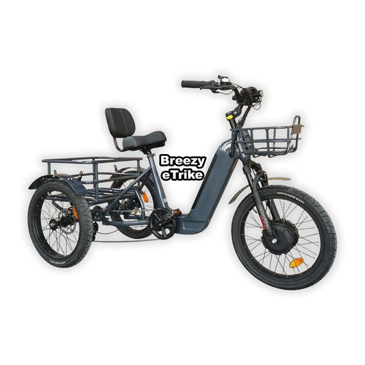 Blue Kasen eBike Trike in a box, product image showing 14.5AH and 17.5AH battery options, grey packaging.