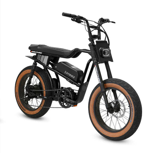 A black eMOTO eBike Strike Panthro electric bicycle shown from the side, highlighting its sleek frame, thick tires, and modern design.