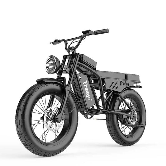FREEGO Shotgun Lite F0 electric mini fat tire eBike in moto style, 500W motor, compact frame, black color, designed for urban commuting