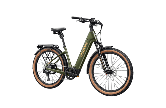 Velotric Discover M eBike in Olivine Green, side view, against a white background