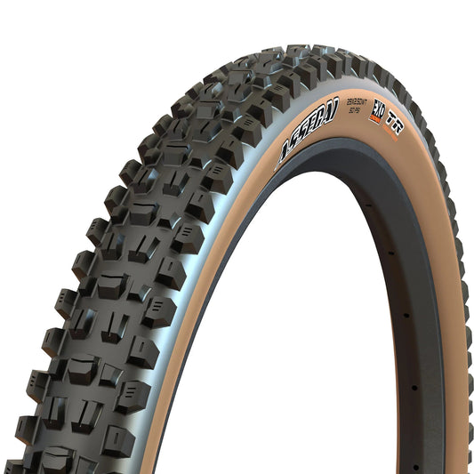 Maxxis Assegai 29x2.50 tan wall e-bike tire, side view, showing tread pattern