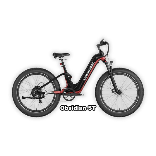 Mokwheel Obsidian ST eBike in black and red, shown in its box with packaging.