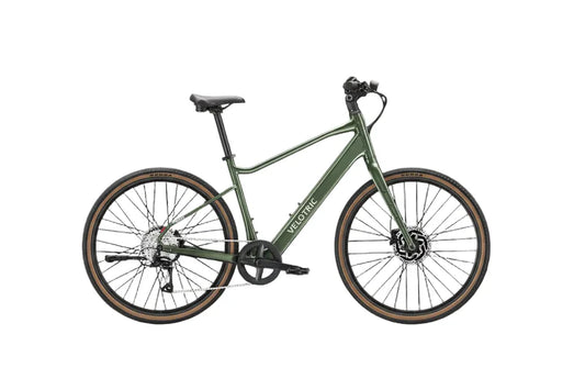 Velotric Tempo High Step eBike in Forest Evergreen color, side view, displayed outdoors