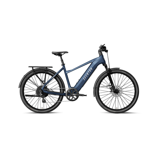 Aventon Level 4 REC electric bike, step-over frame, matte storm blue color, side view