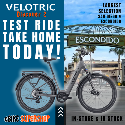 Velotric Discover 2 eBike in Stone Gray, side view, photographed outdoors in Escondido