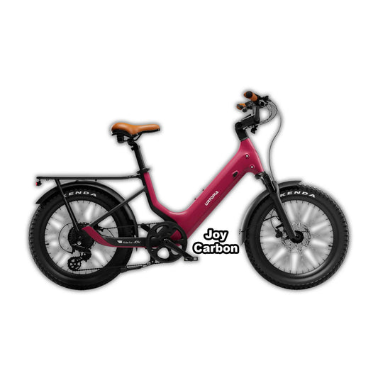 Urtopia Joy eBike in rose red color, shown inside its box with packaging.