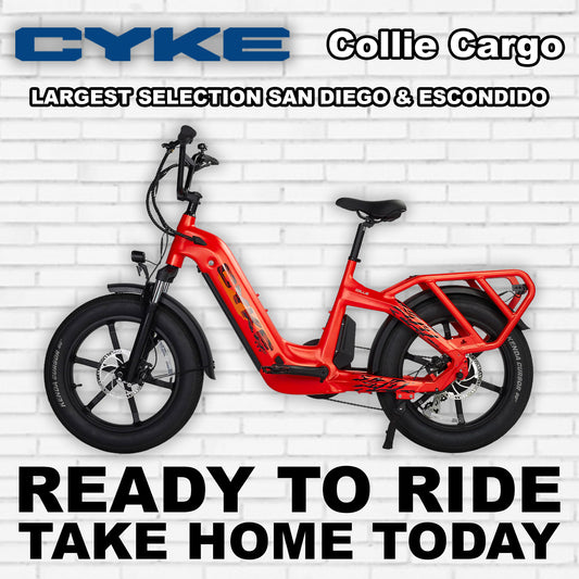 Burnt orange eBike Cyke Collie Cargo bicycle, side view, model R2R, against a plain background.