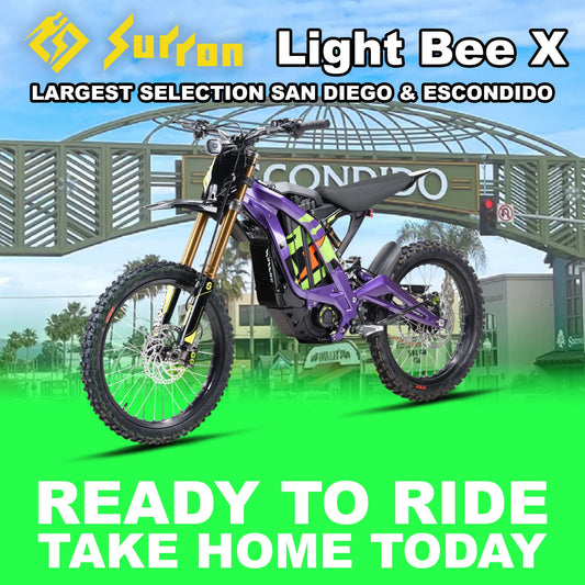 Purple Surron Light Bee X electric motorcycle, side view, ready to ride, product image