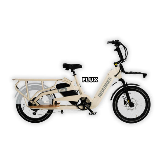 Cream-colored eBike Revi Flux shown inside its original box, with packaging materials visible.