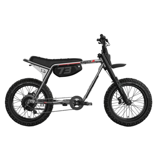 Side view of the Super73 Z Adventure Series Core eMOTO eBike in a showroom, highlighting its rugged frame, thick tires, and minimalist design.