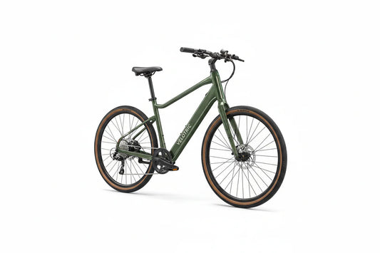 Side view of the Velotric Tempo eBike in a studio setting, showcasing its step-through frame, rear rack, and upright handlebars.