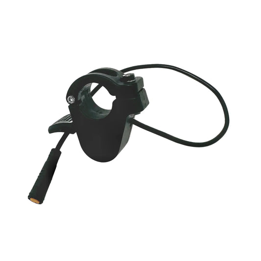 Close-up view of a Super73 eBike thumb throttle, showing the black ergonomic design attached to the handlebar.