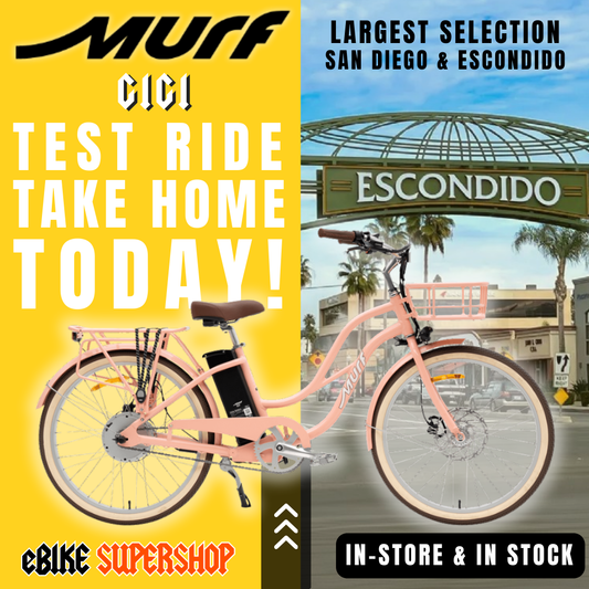 Electric beach cruiser bike in peach color, side view, with wide tires and comfortable saddle, displayed against a plain background.