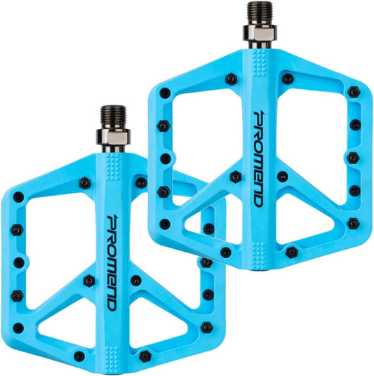 Blue nylon eBike pedals, product image on a white background, 1280px wide